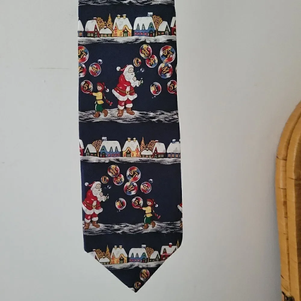 100% Silk Christmas Tie Santa Claus Navy Blue Red White Green